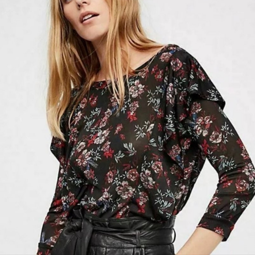 Free People Dock Street Floral Ruffle Boho Top Blouse